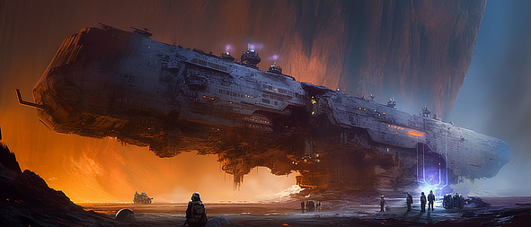 a large spaceship above a rocky surface