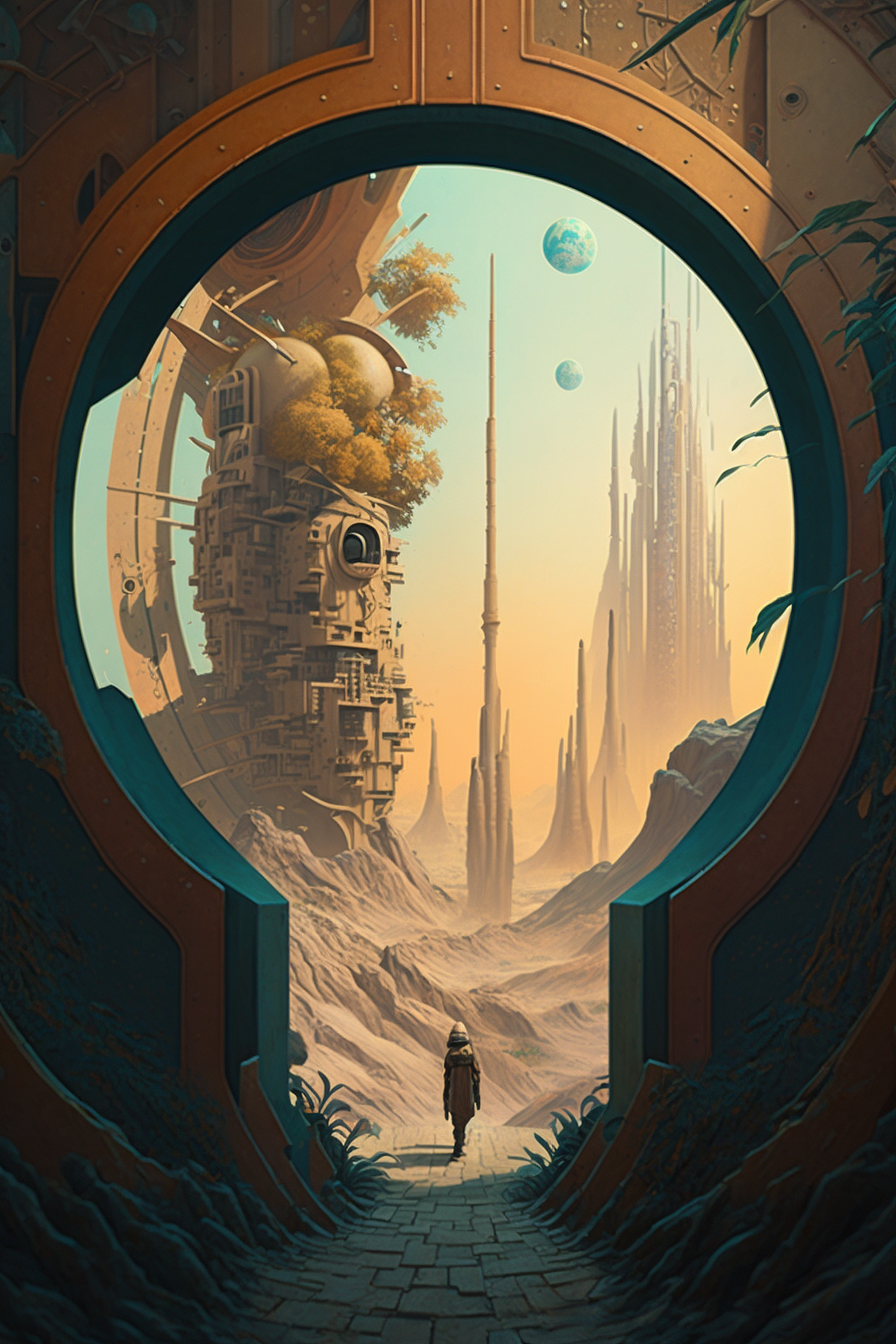 a futuristic landscape with a tall building and a large round window