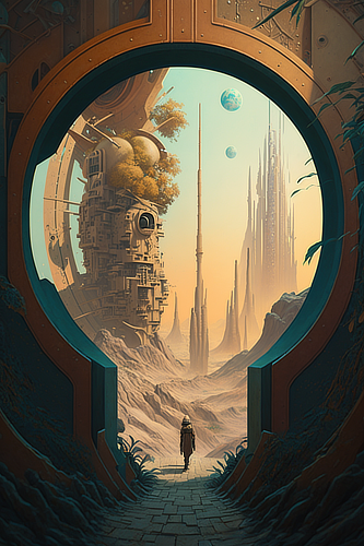 a futuristic landscape with a tall building and a large round window