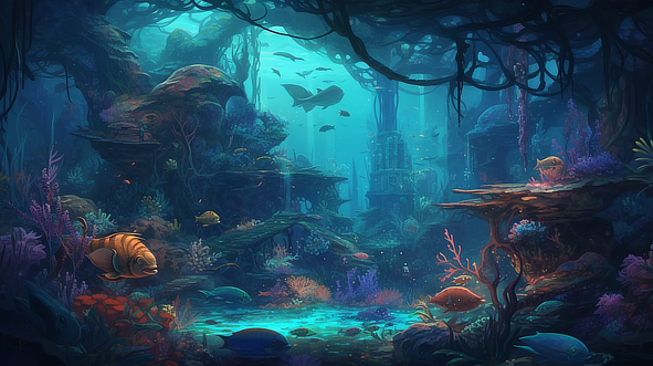 a underwater scene with fish and corals