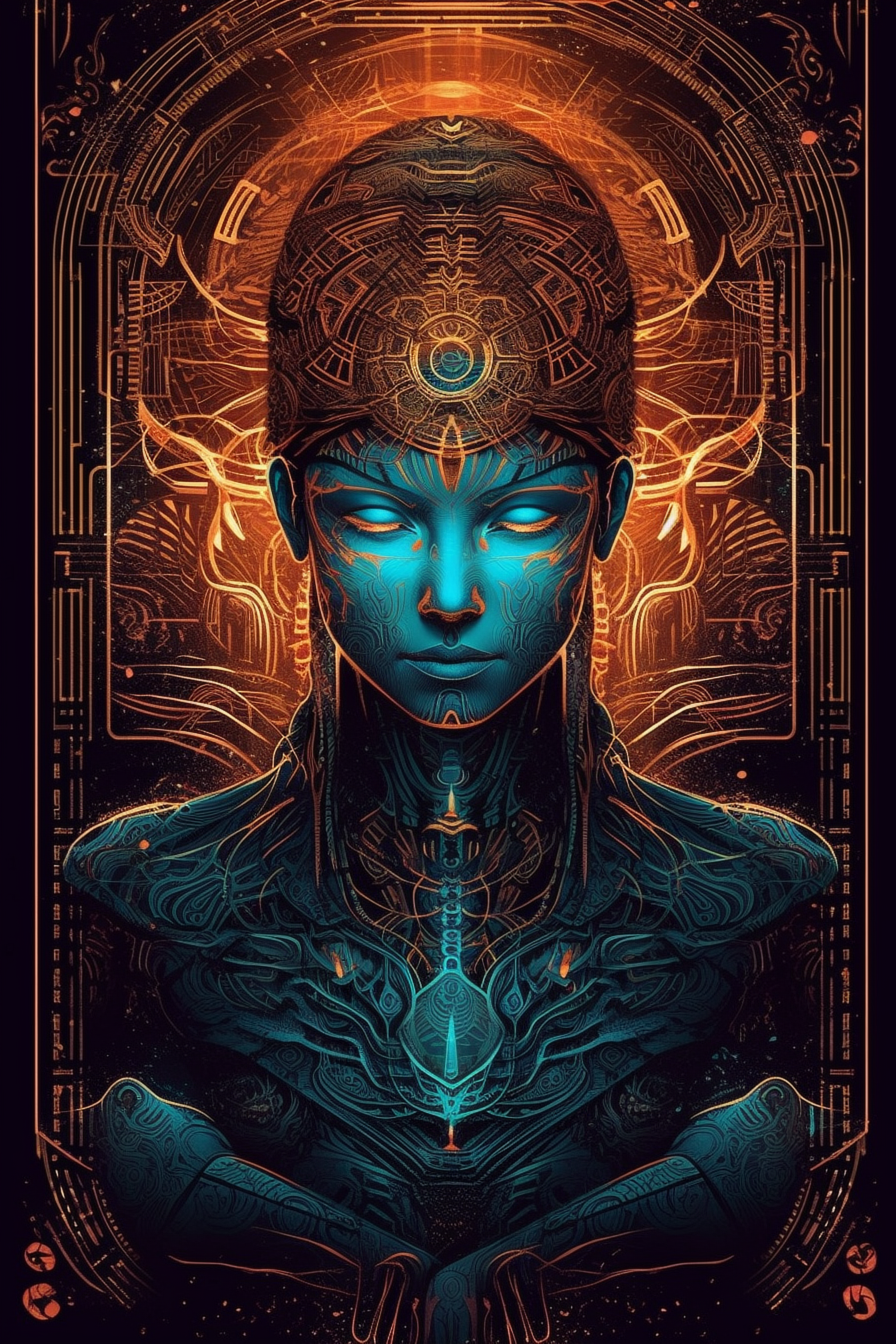 a woman with a helmet and a glowing headdress