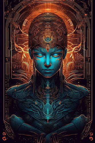 a woman with a helmet and a glowing headdress