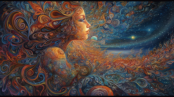 a painting of a woman with colorful swirls