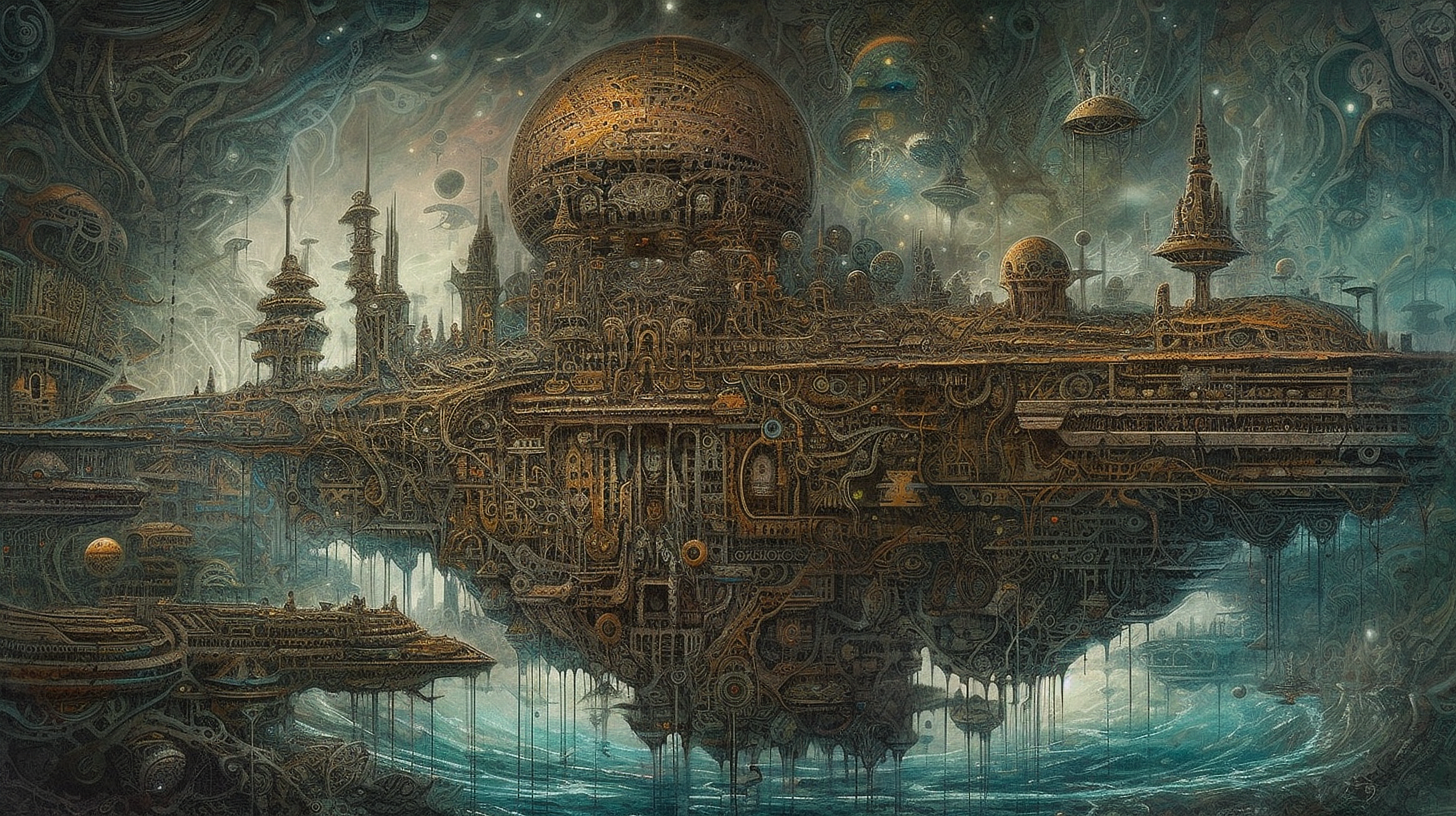 a steampunk city with ships and ships