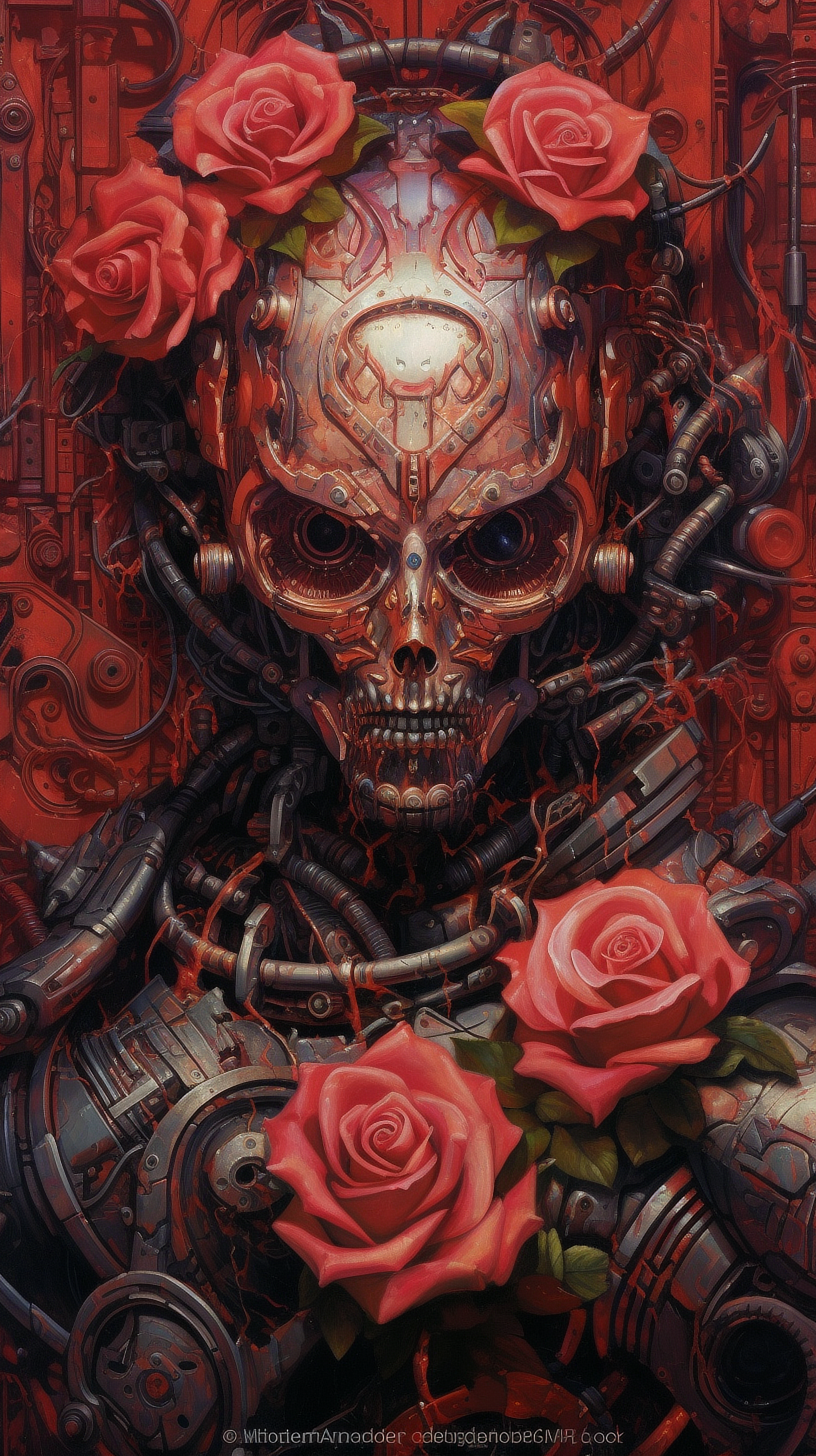 a robot with roses in front of it