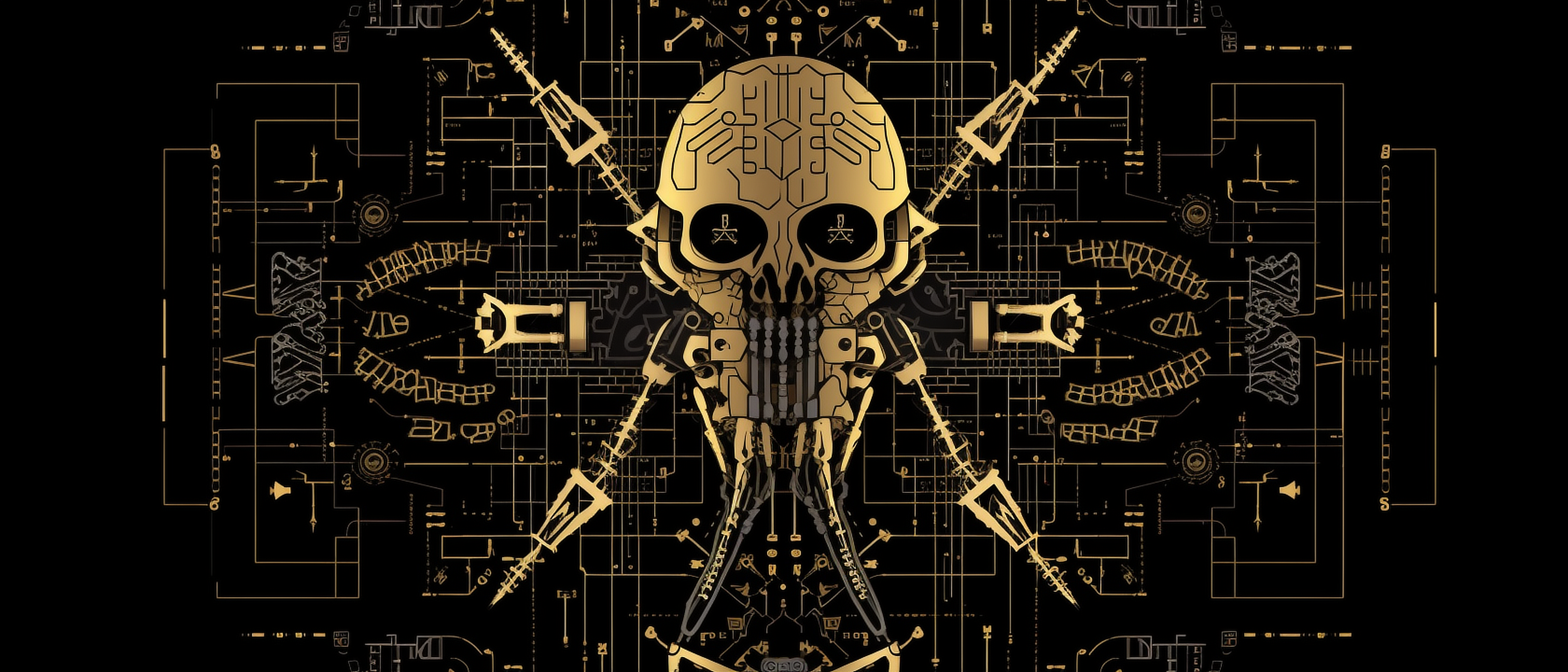a gold skull with a black background