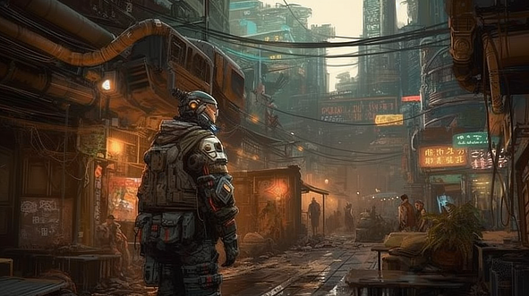 a man in a futuristic city