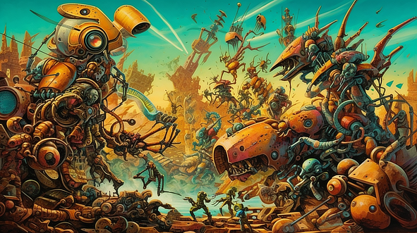 a group of robots fighting with people