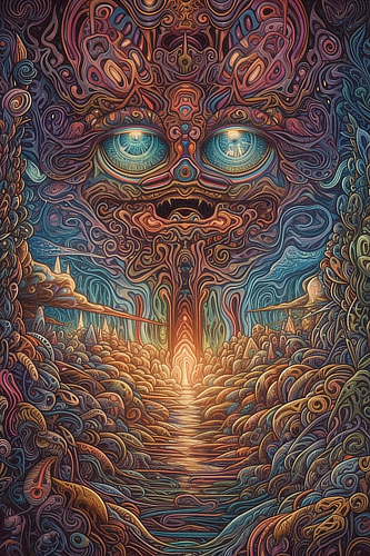 a colorful artwork with a face and a path leading to the sky
