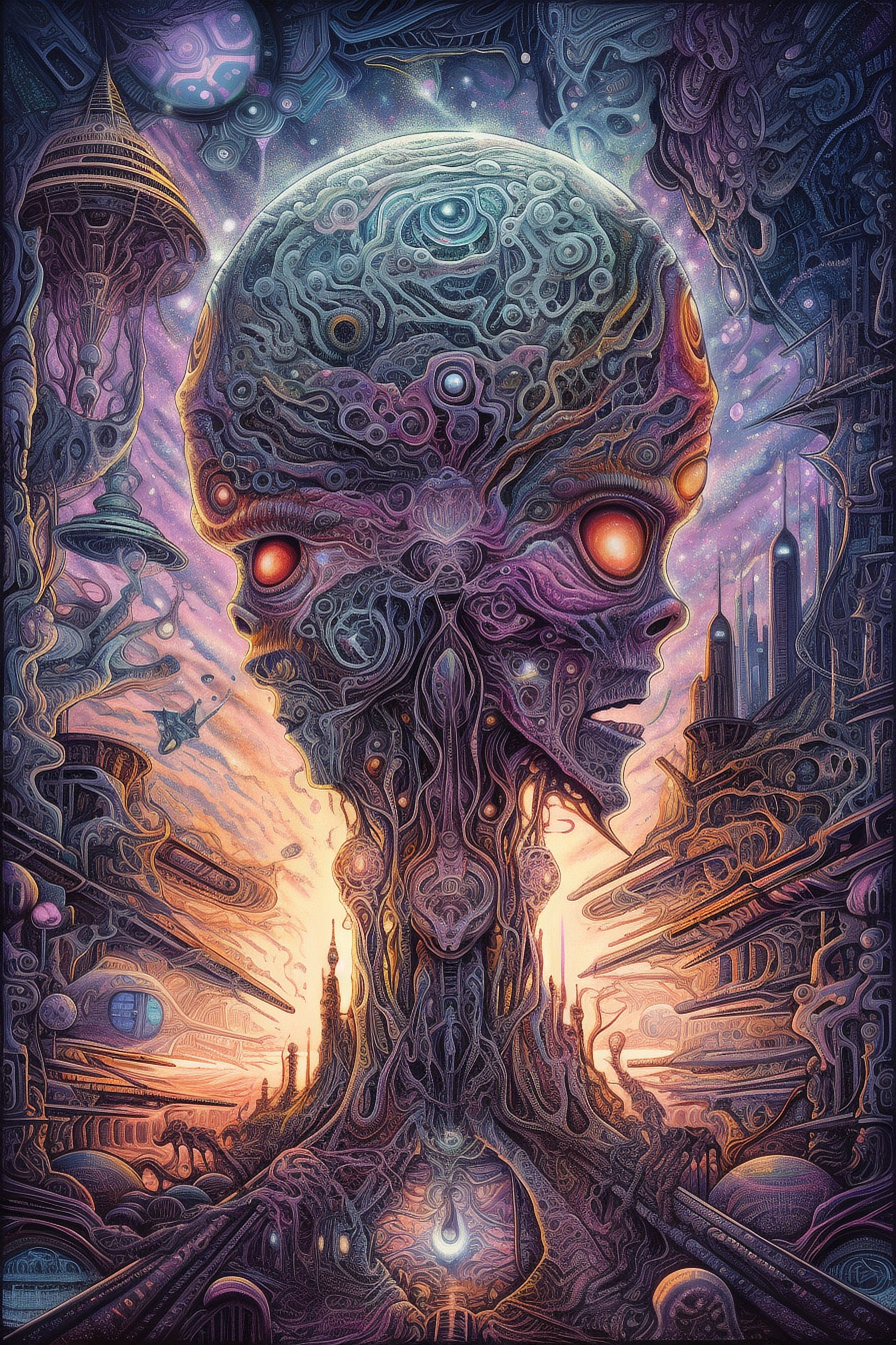 a artwork of a skull with many eyes