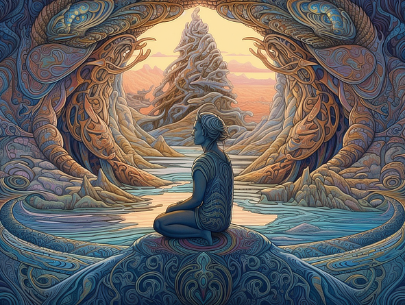 a person sitting in a cave