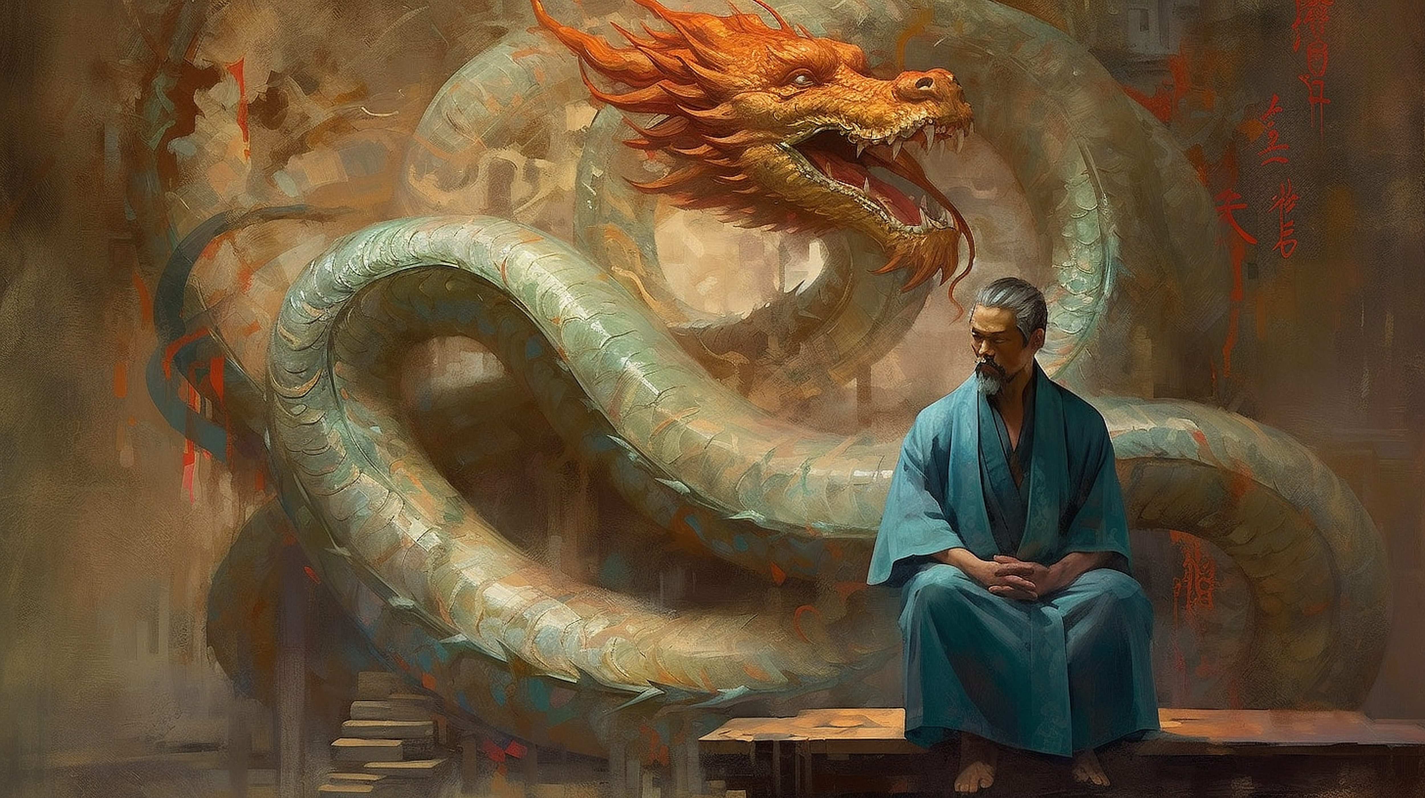 a man sitting on a bench with a dragon