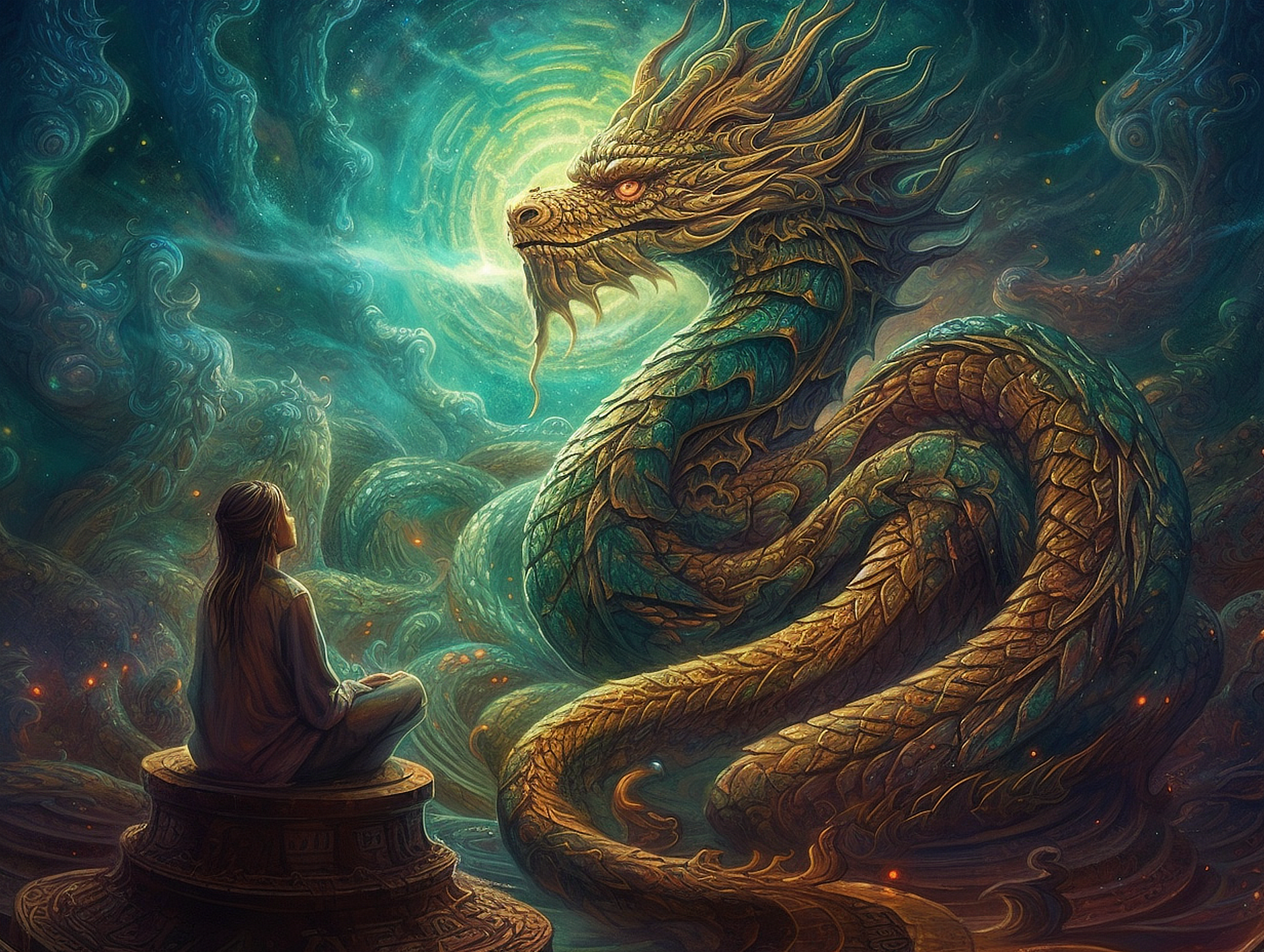 a person sitting in front of a dragon