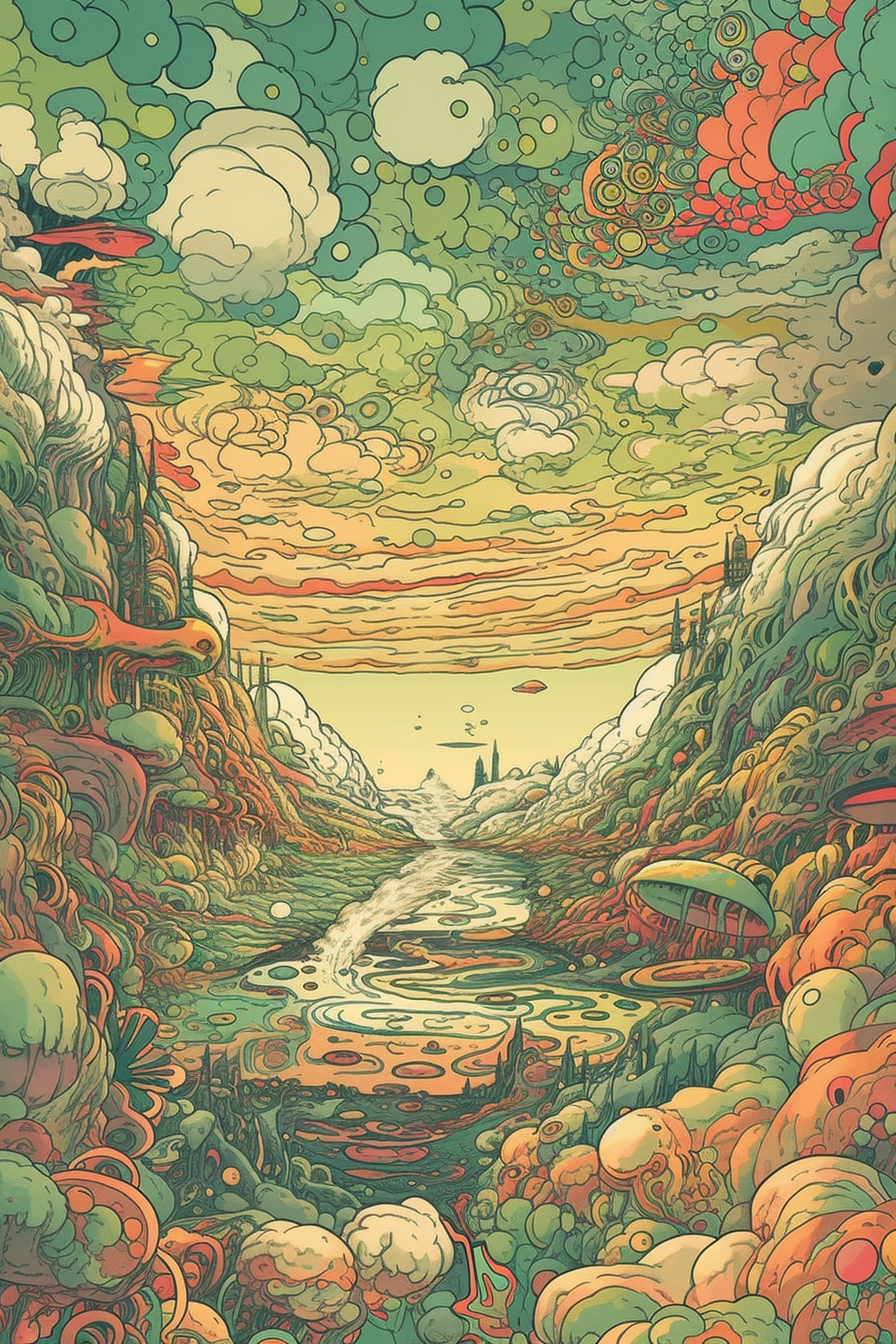 a colorful landscape with a river