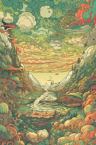 a colorful landscape with a river