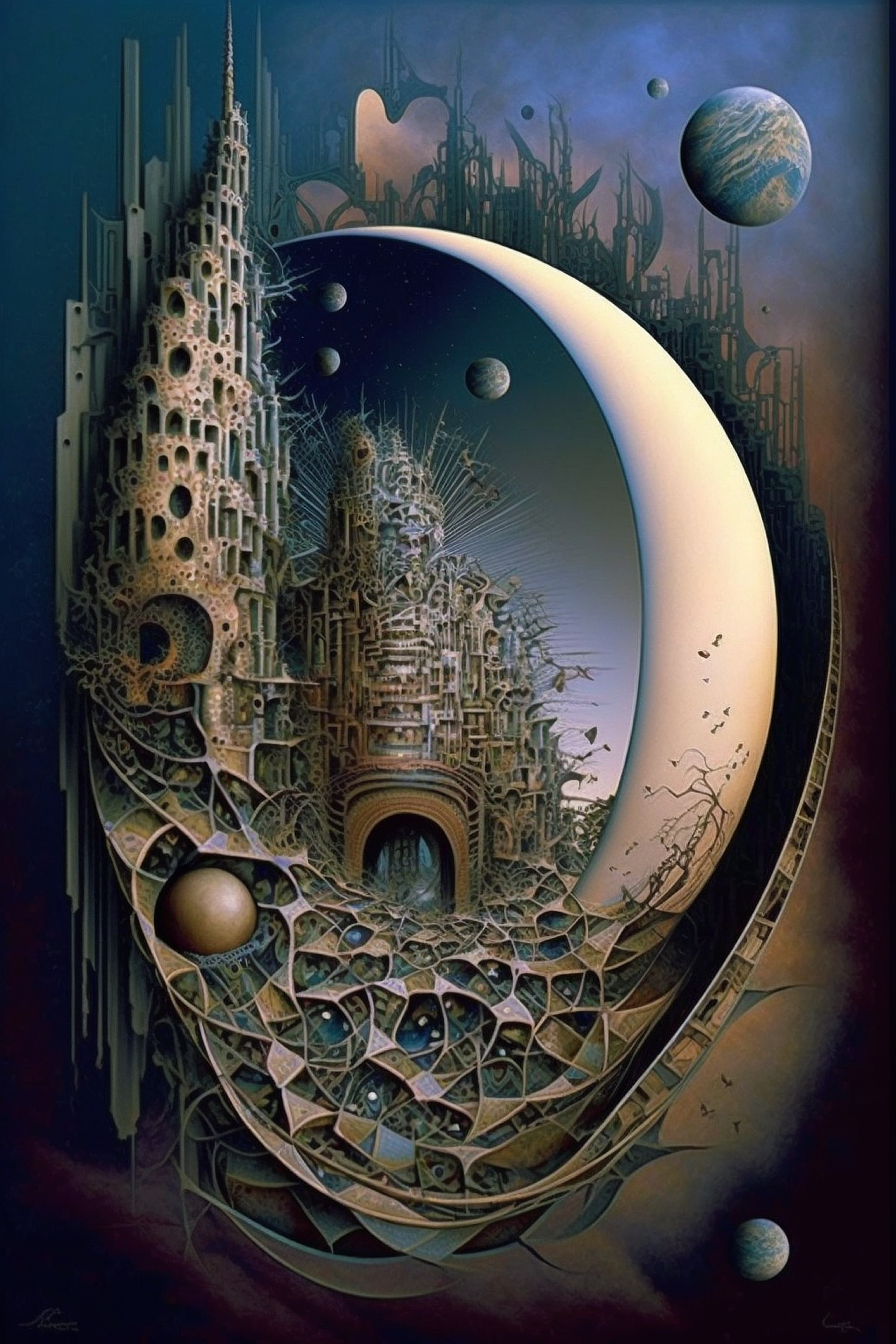 a art of a city with a moon and planets
