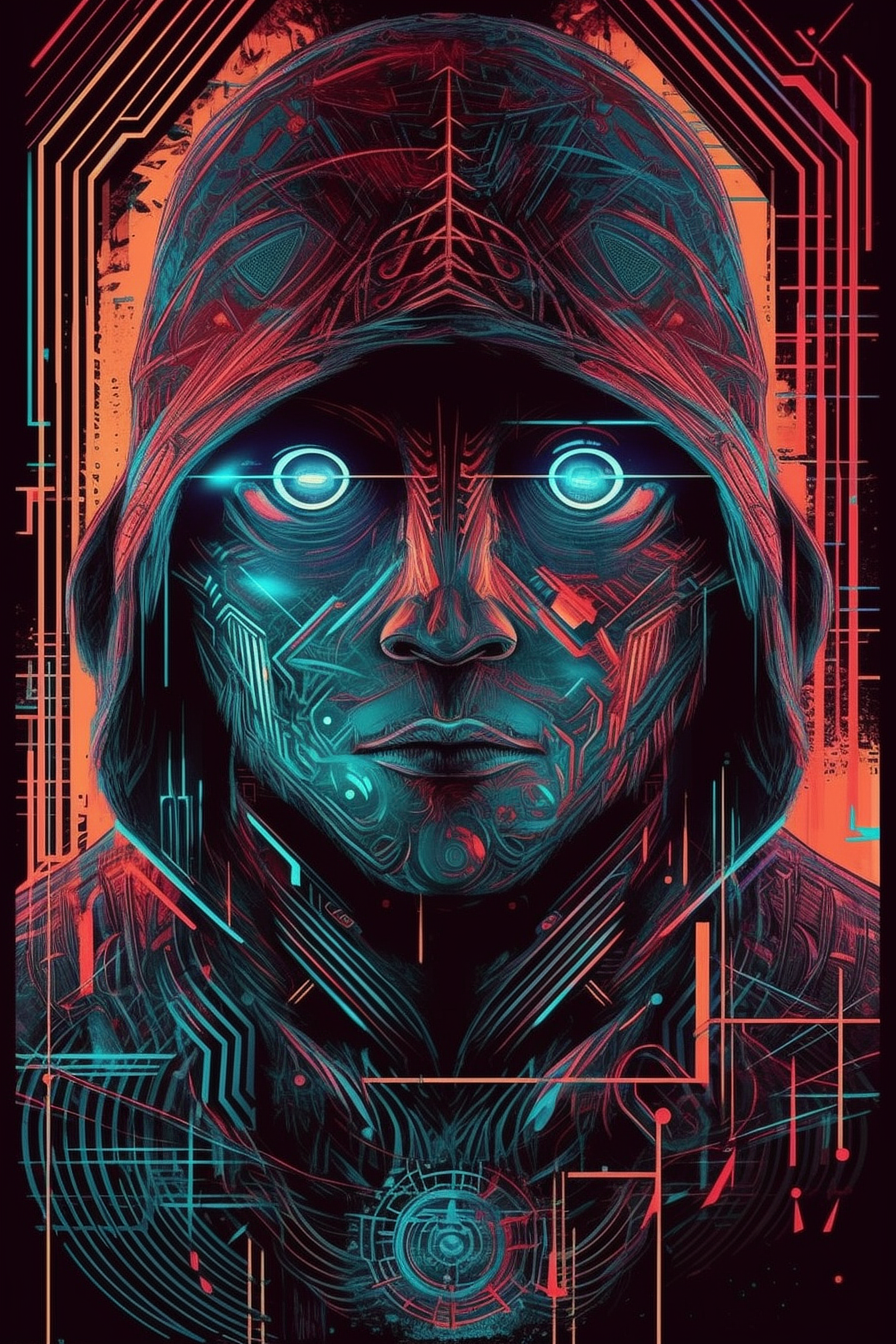 a man with a hoodie and a red and blue background