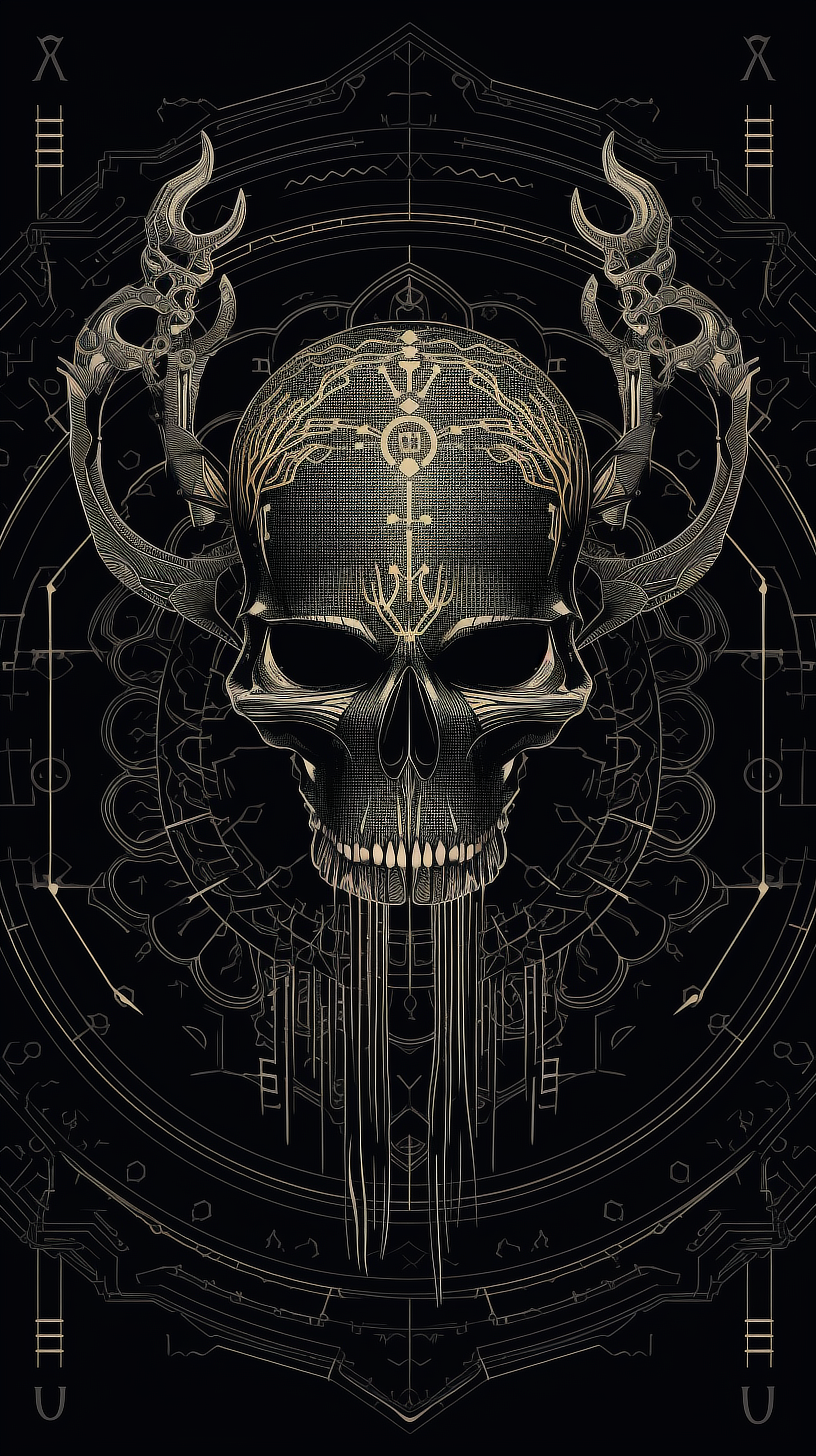 a skull with antlers and lines on it