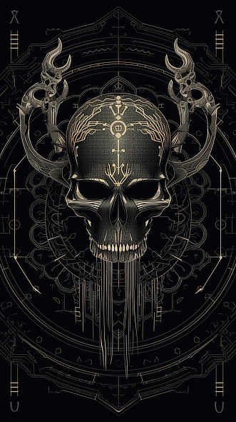 a skull with antlers and lines on it