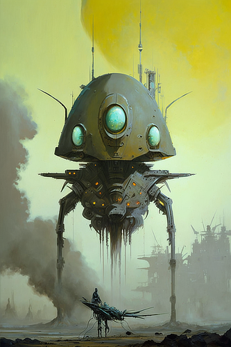 a large robot with a large dome and a man standing in front of it