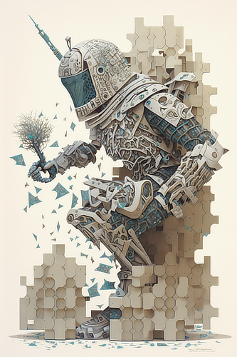 a robot in a helmet holding a stick