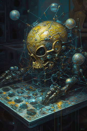 a robot with a skull head and wires