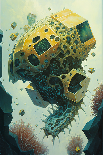 a painting of a yellow and green creature with squares and holes