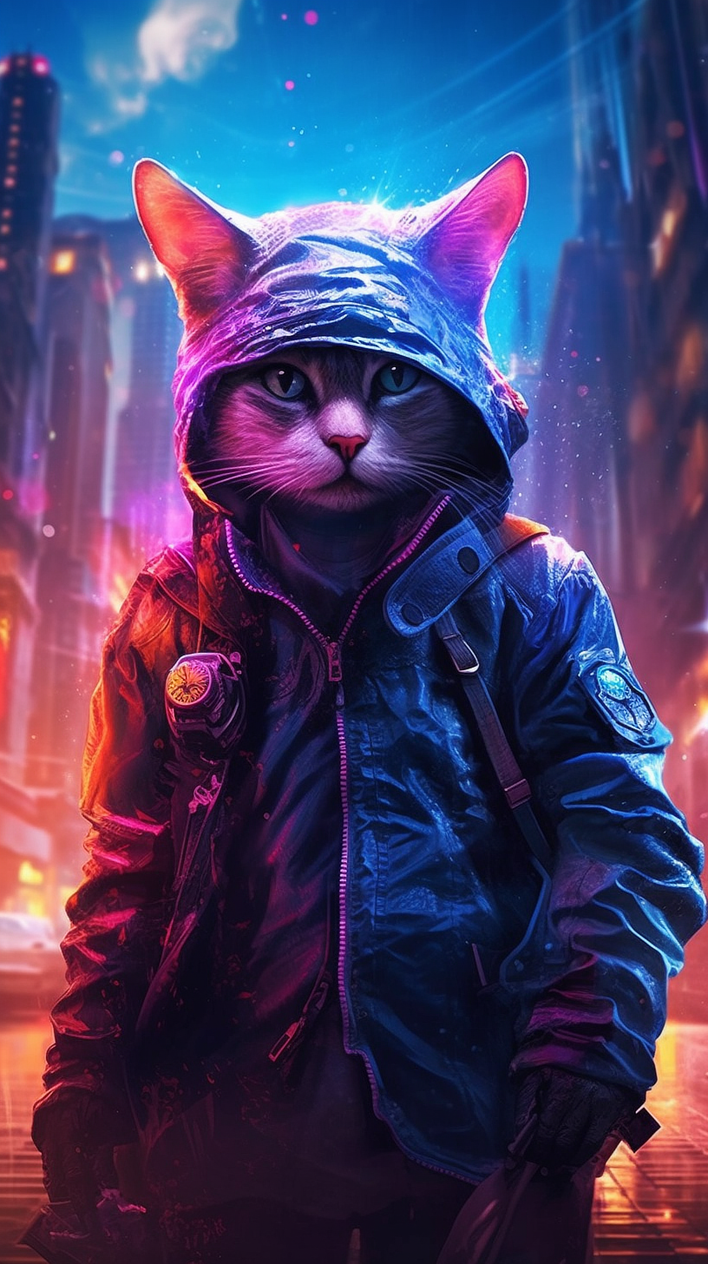 a cat wearing a hoodie and jacket