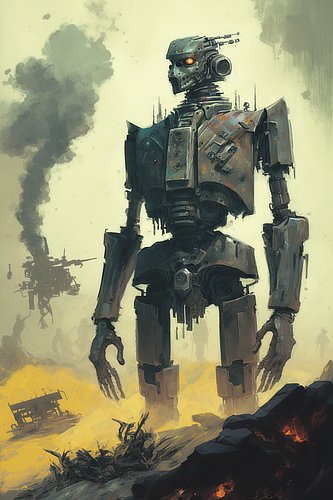 a robot with a large body and a large machine in the background