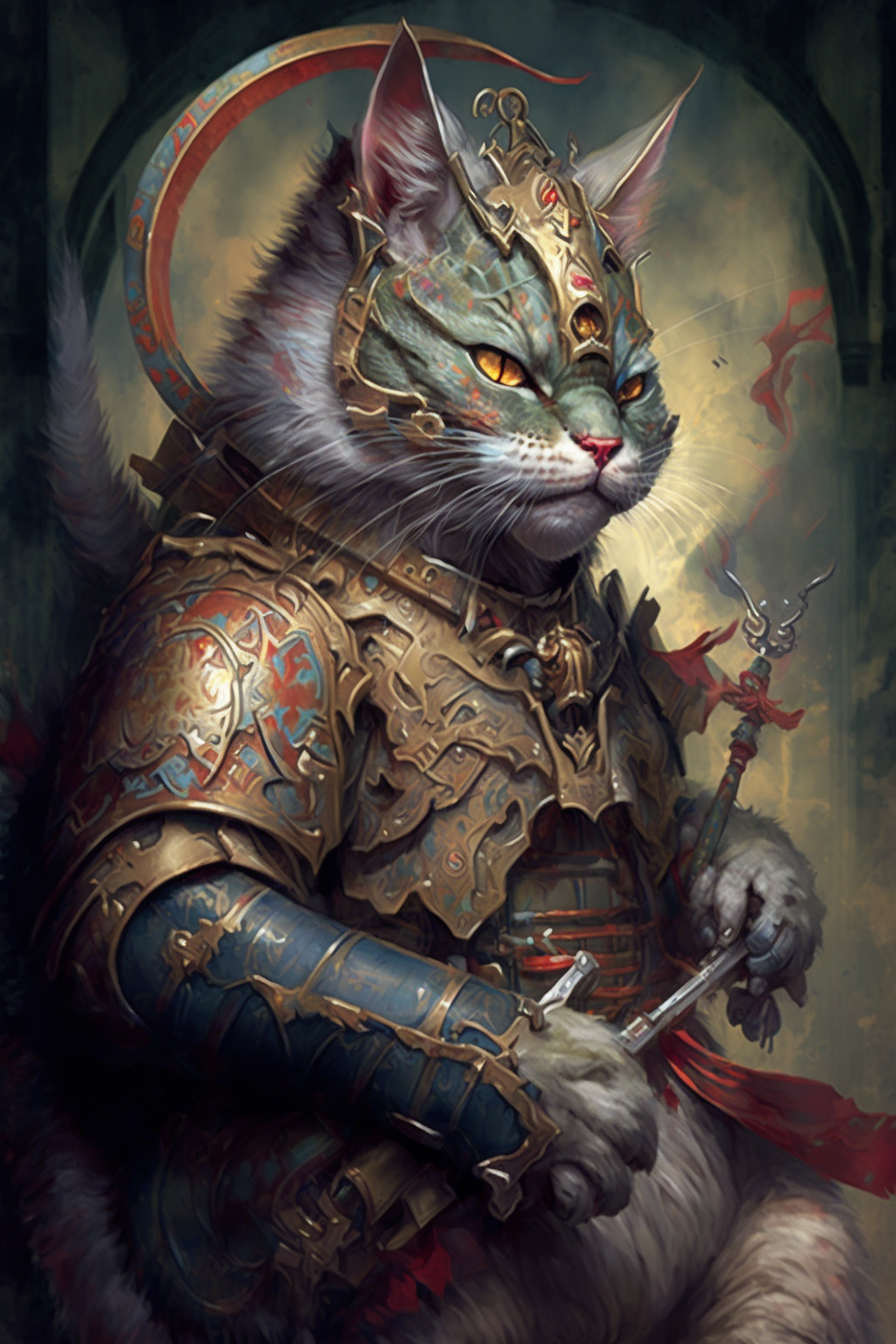 a cat in armor with a sword