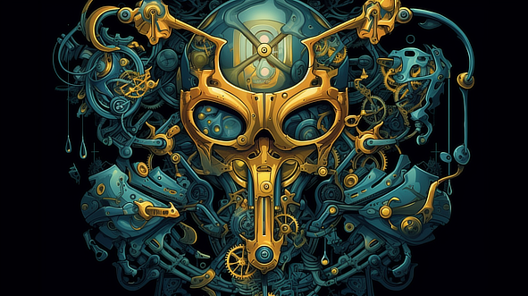 a gold and blue metal skull
