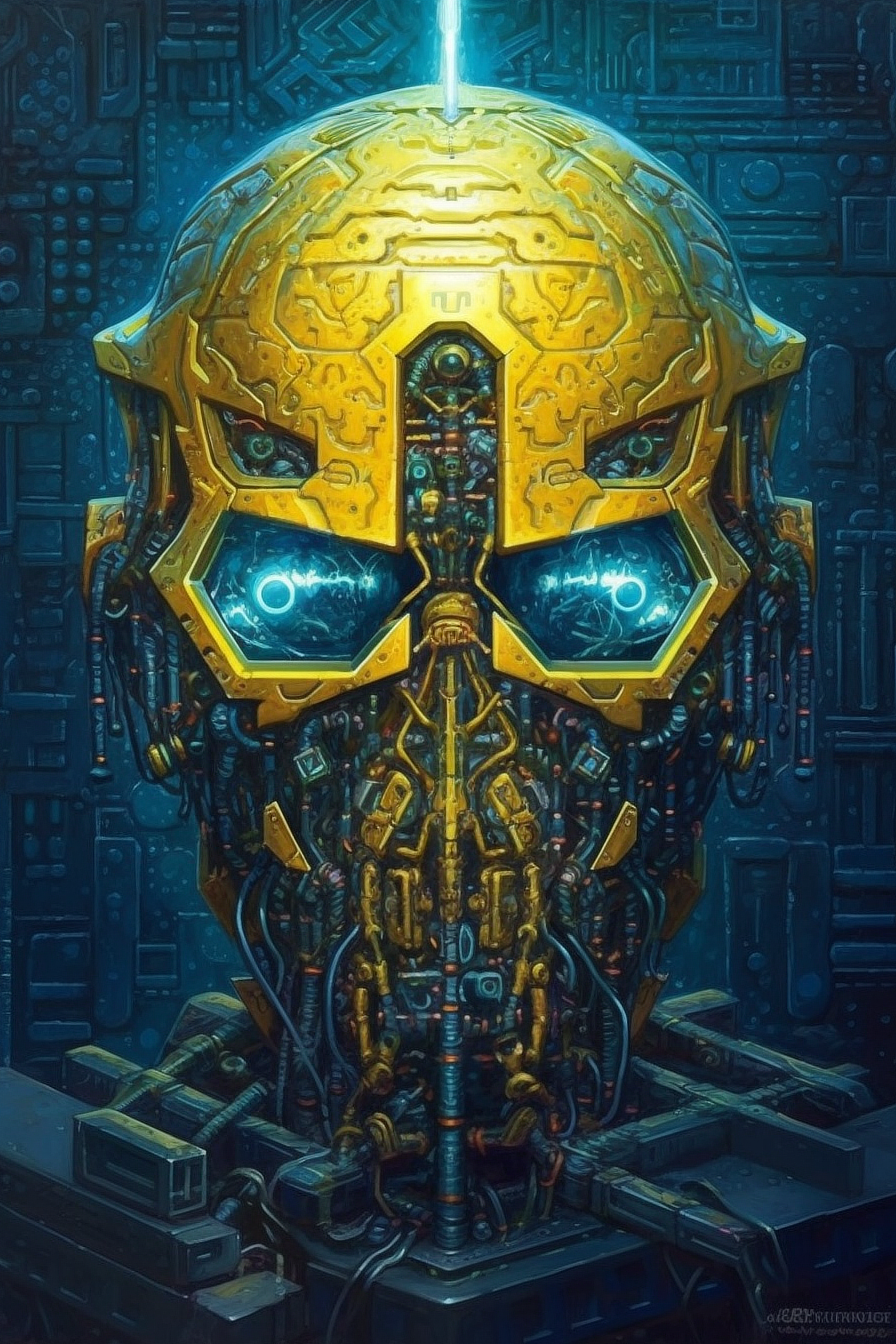 a robot head with blue eyes