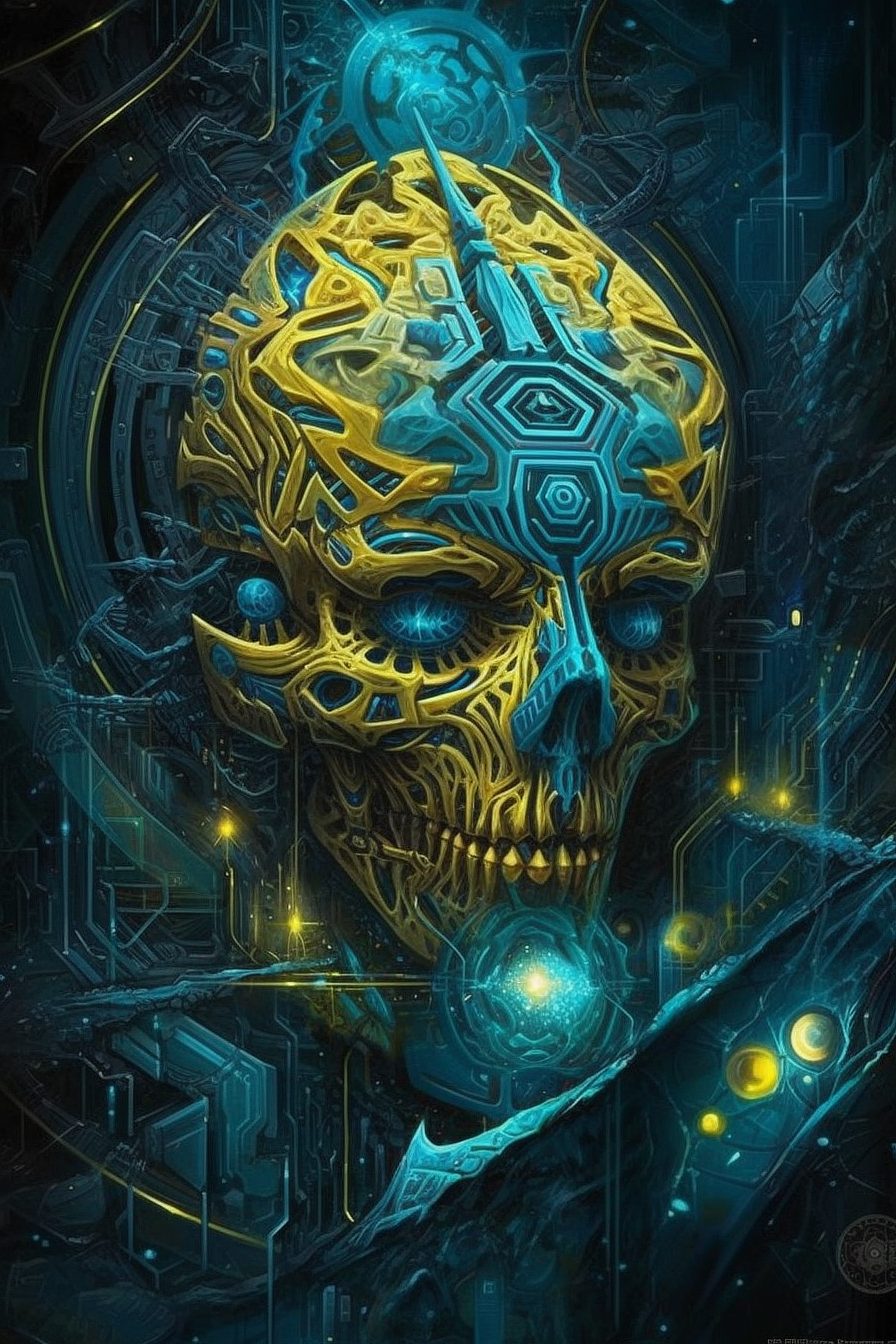a skull with a blue and yellow design