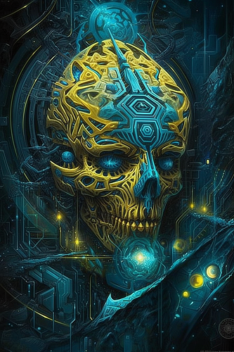 a skull with a blue and yellow design