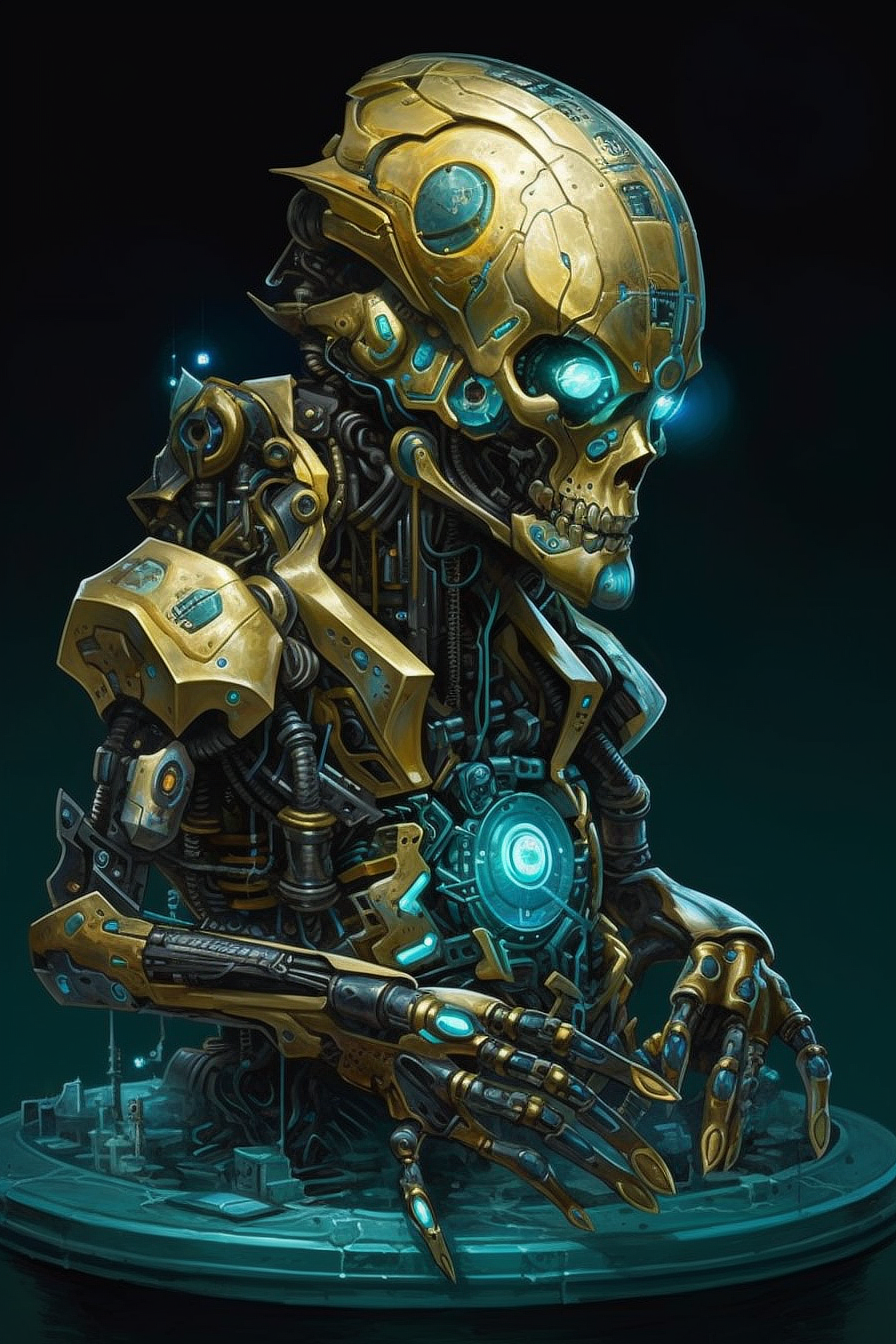 a robot with a skull and blue eyes