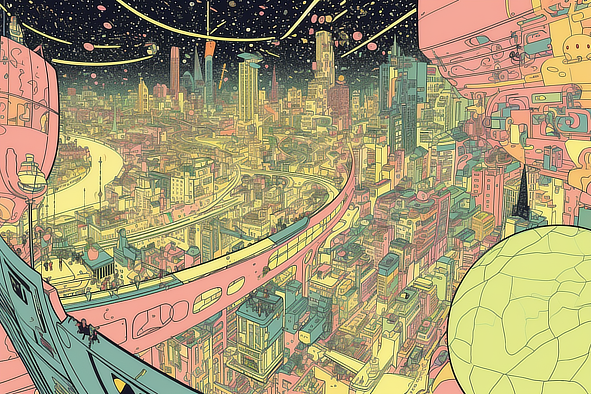 a city with many buildings and a road