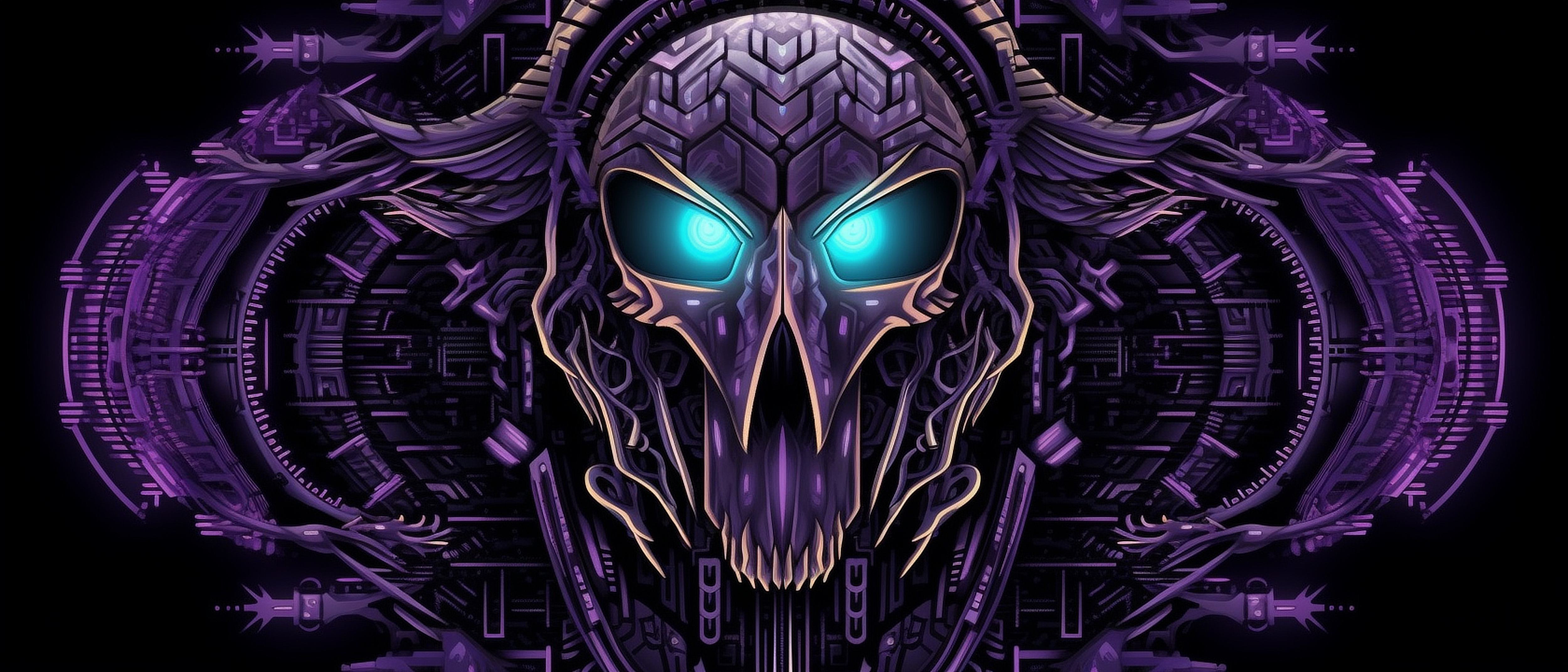 a purple skull with blue eyes