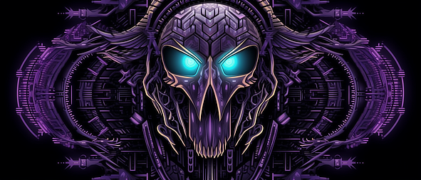 a purple skull with blue eyes