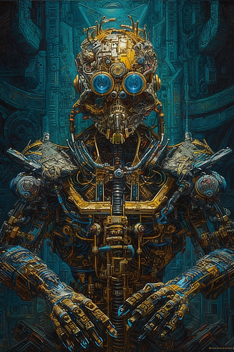 a robot with blue and yellow metal parts