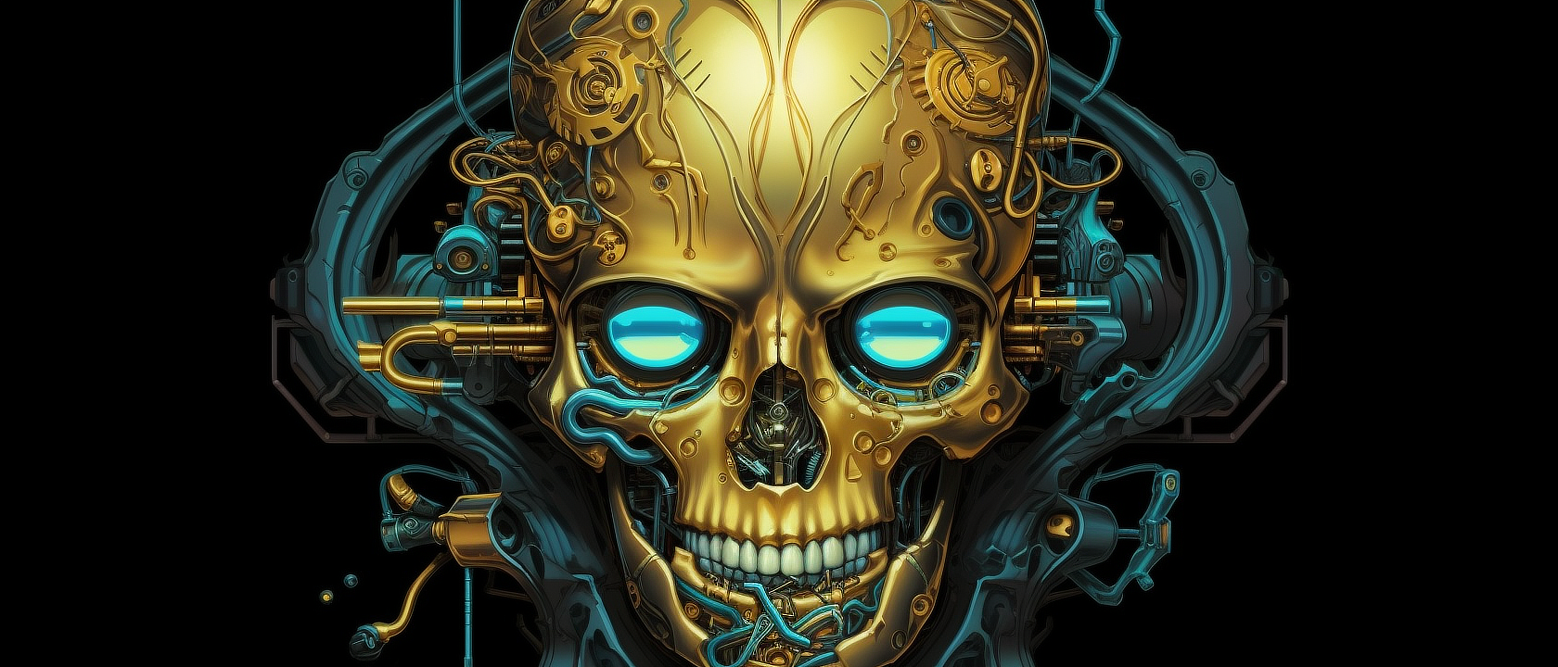 a gold skull with blue eyes and wires