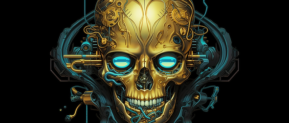 a gold skull with blue eyes and wires