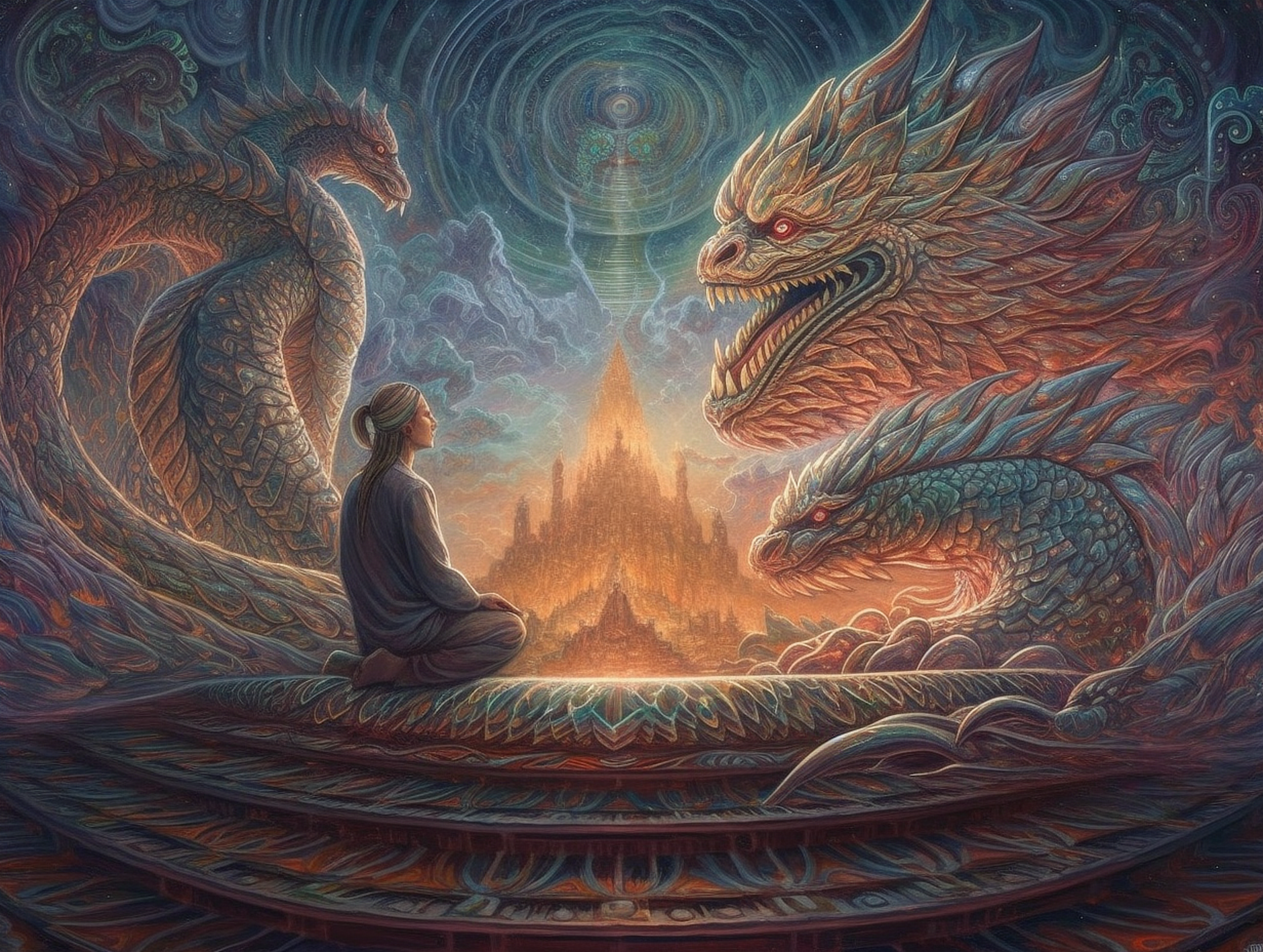a person sitting on a boat surrounded by dragons