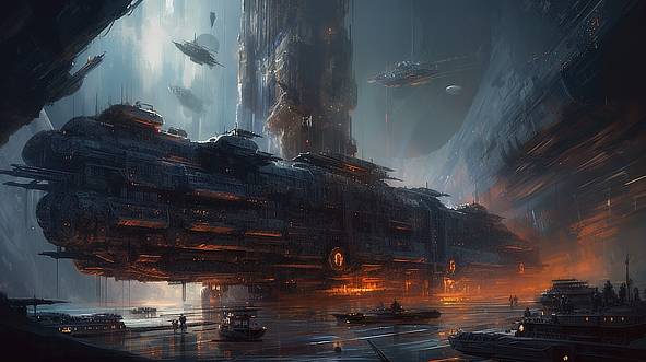 a large spaceship in a city
