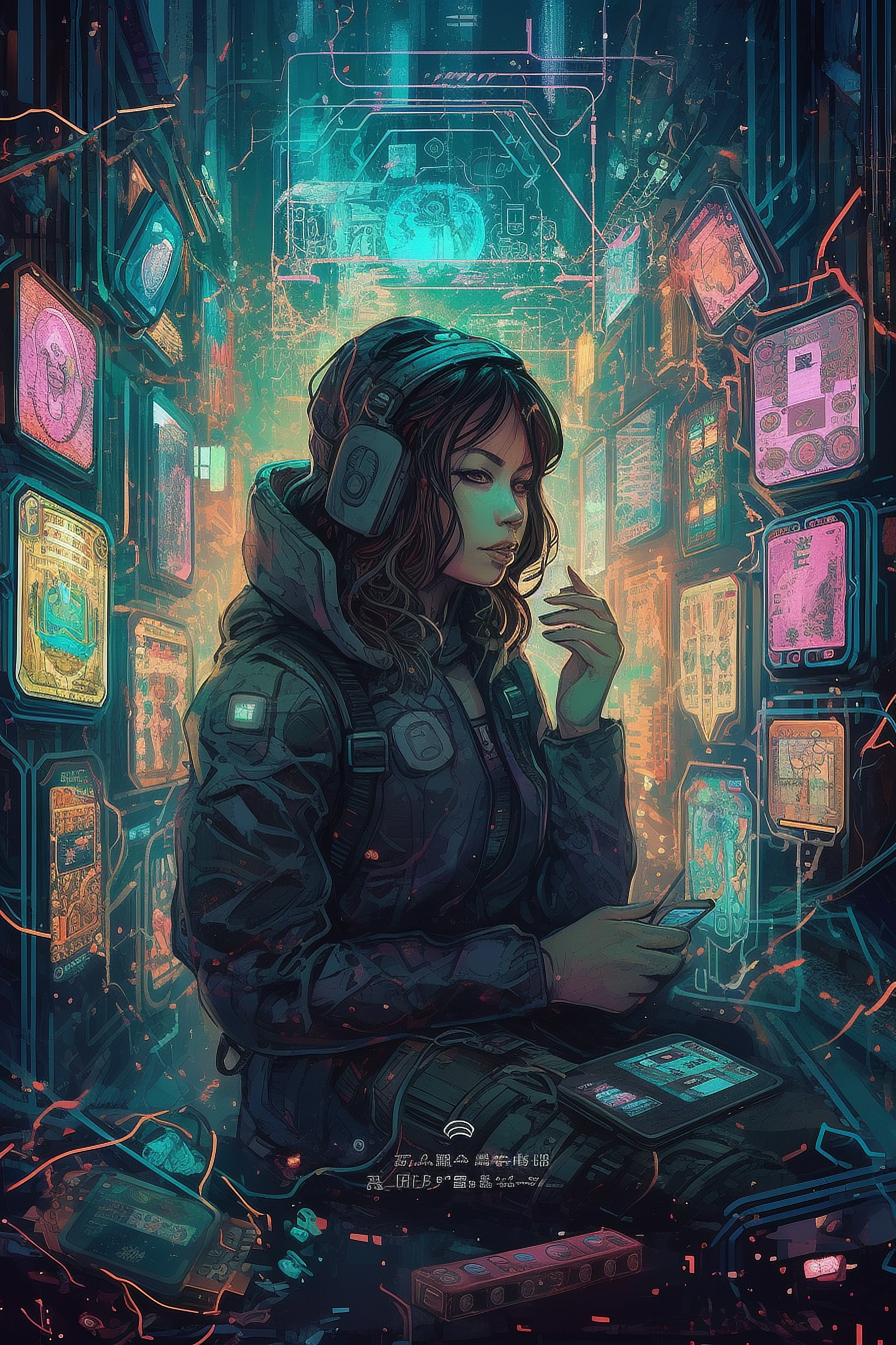 a woman sitting in a room with many colorful lights