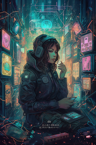 a woman sitting in a room with many colorful lights