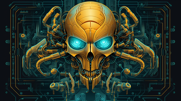 a yellow skull with blue eyes