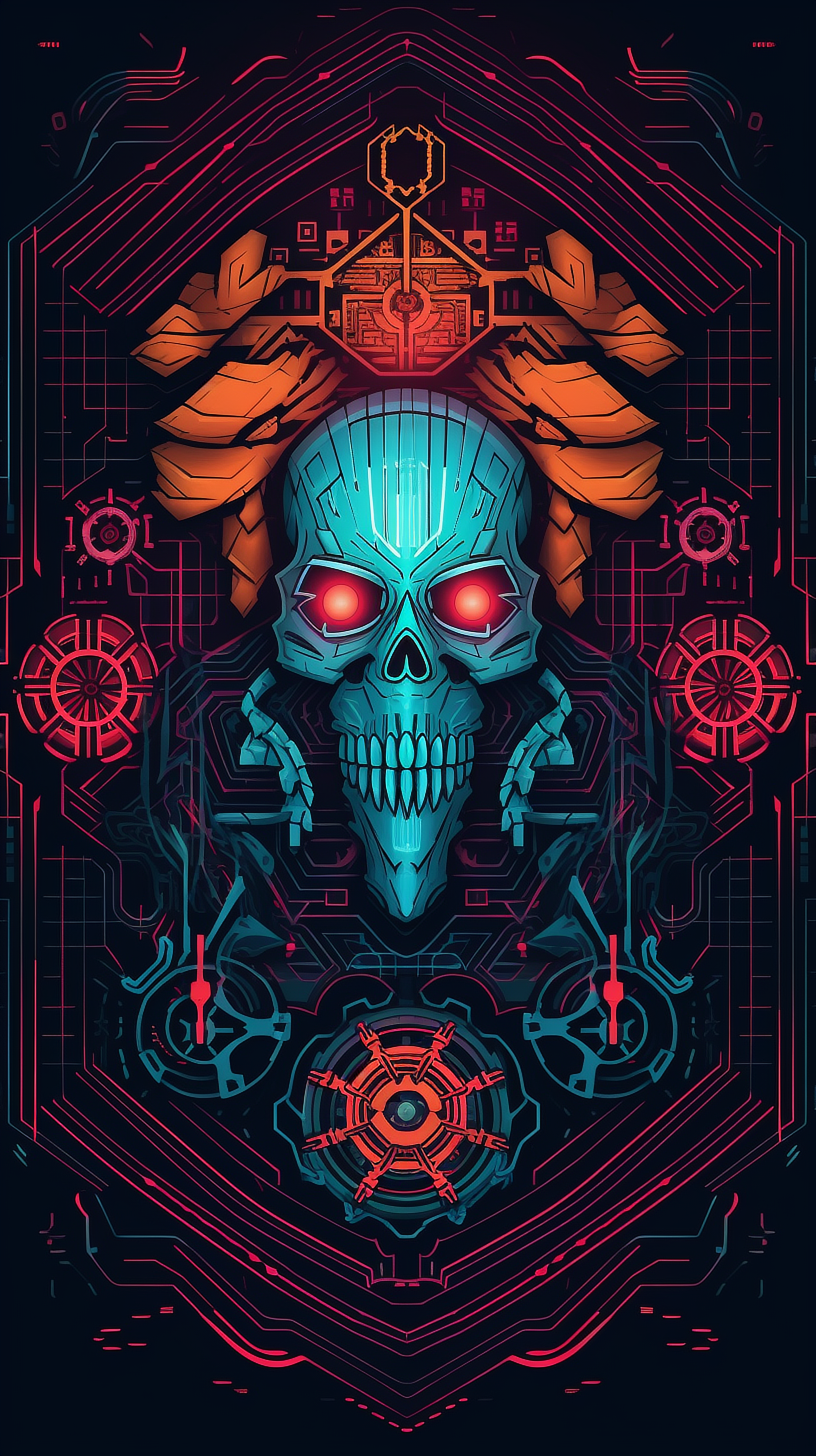 a skull with red eyes and orange and blue lines