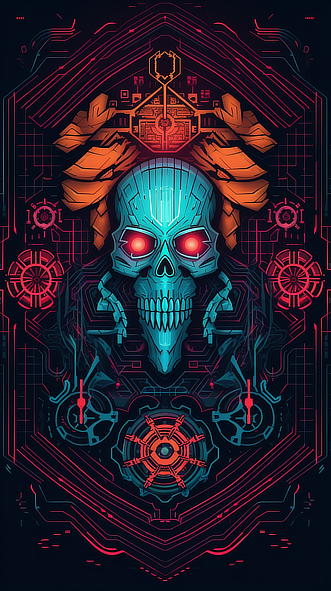 a skull with red eyes and orange and blue lines