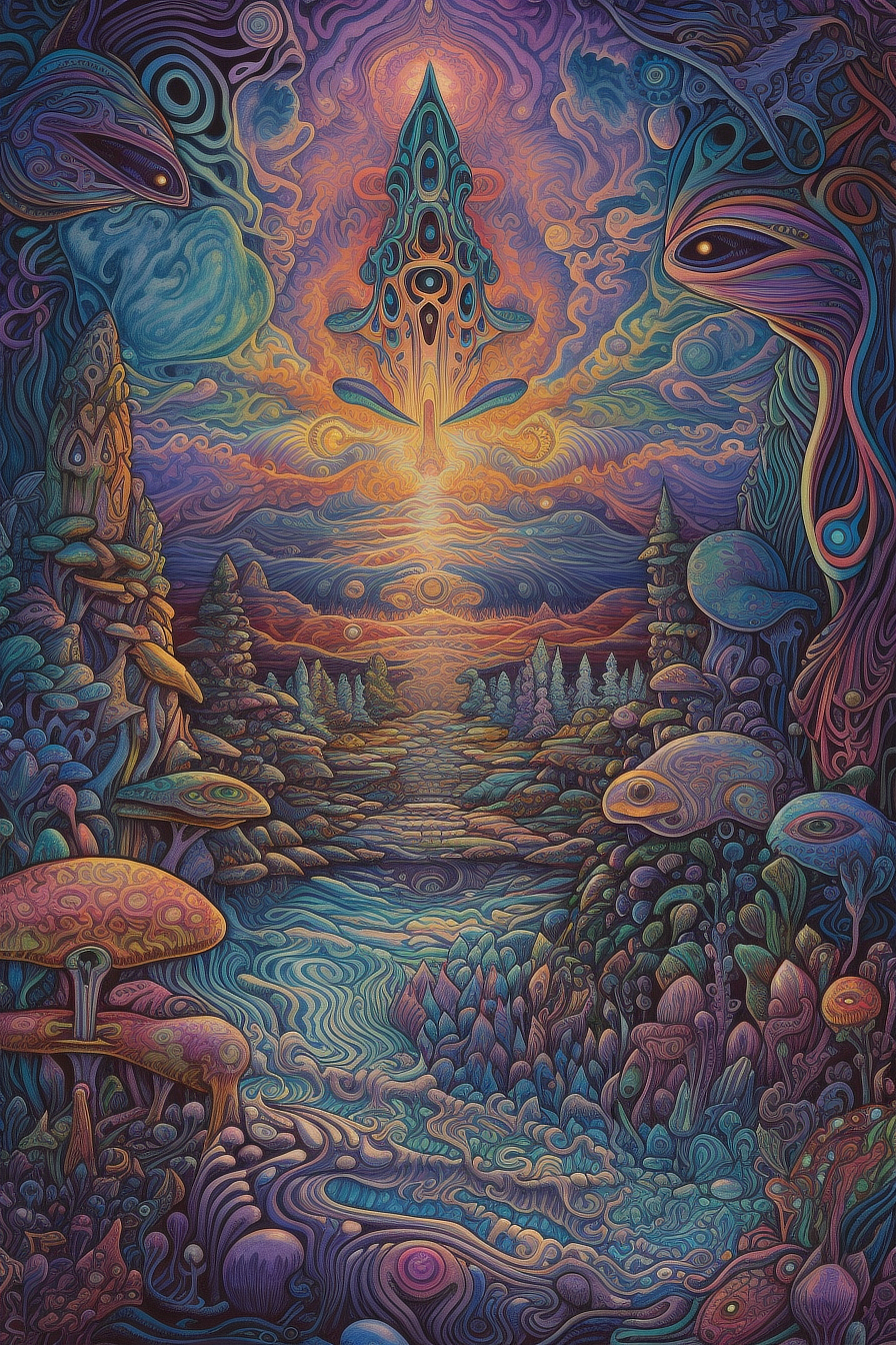 a colorful art of a forest