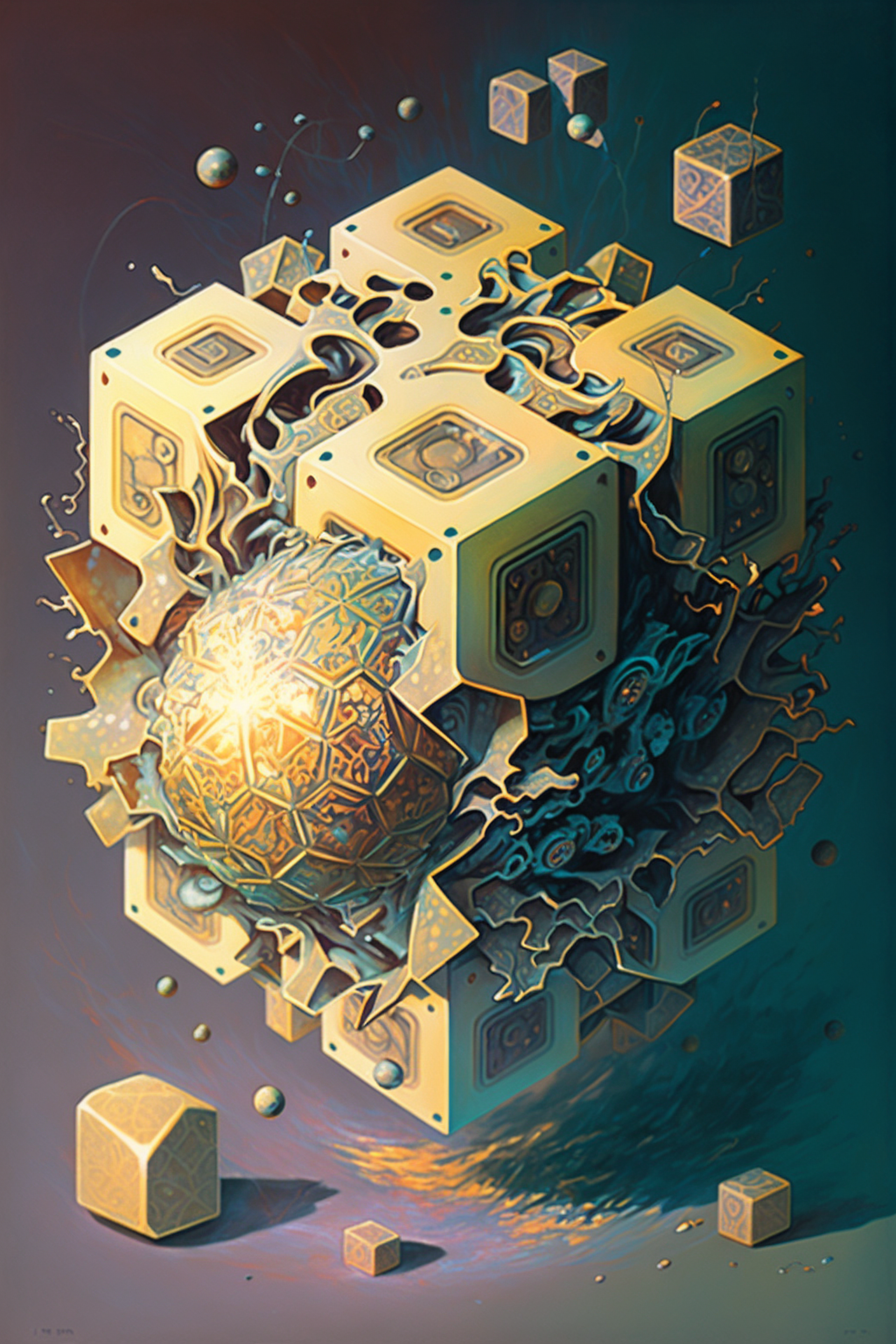 a computer generated artwork of a yellow cube with a round object